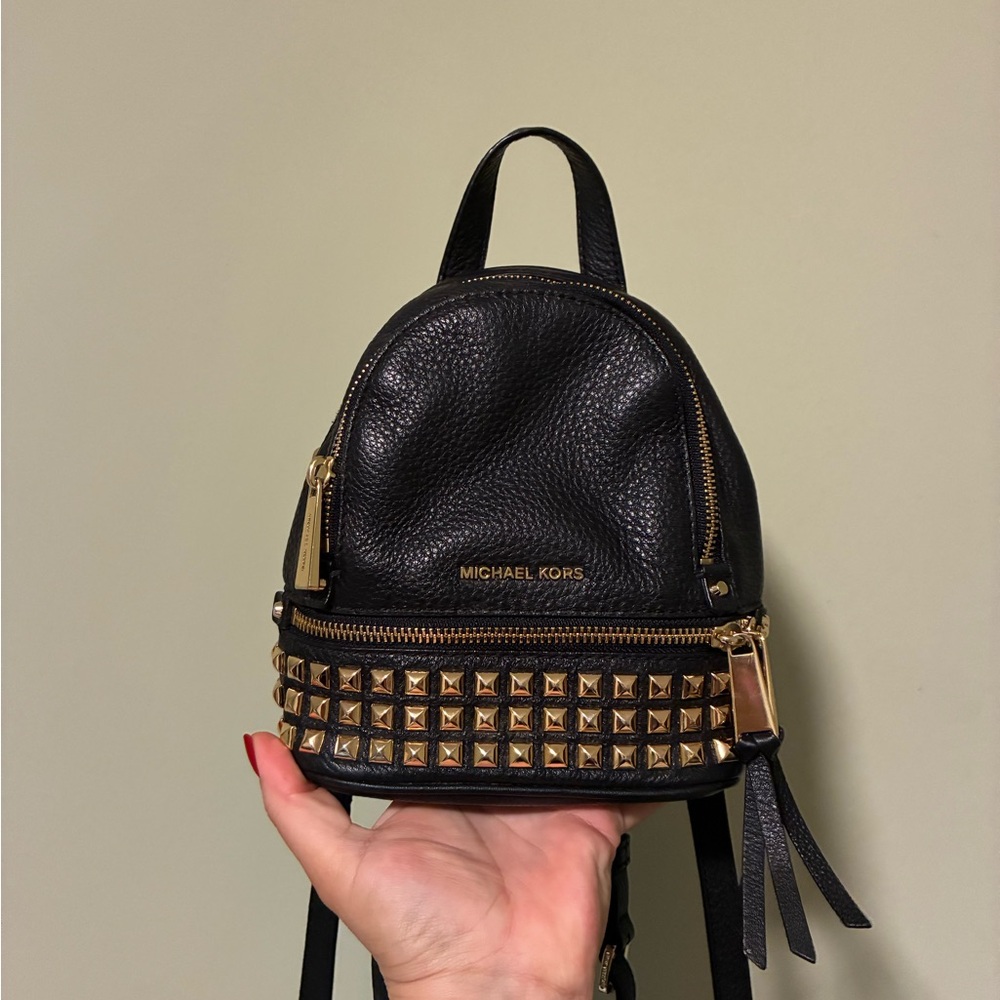 Michael Kors Black Pebbled Leather Mini Backpack with Gold Studs
